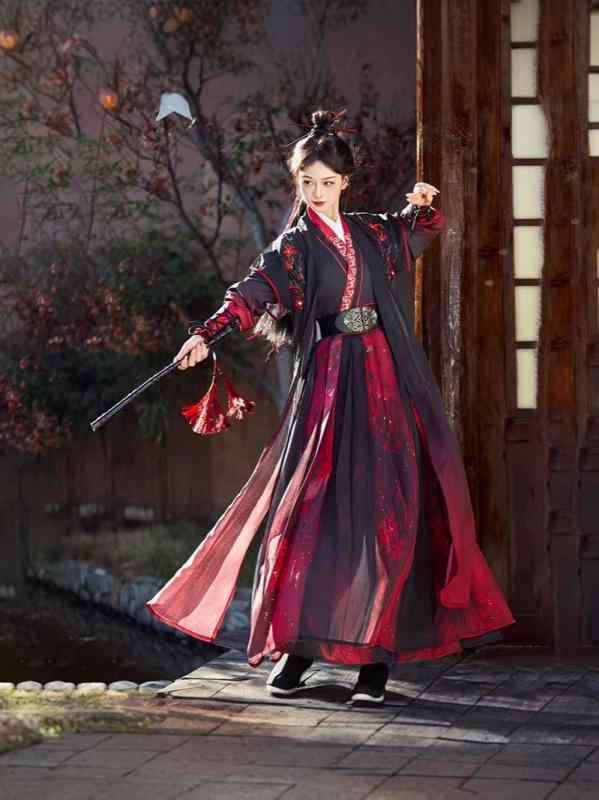 漢服 レディース セットアップ 烏兎 袴 襦裙 ポリエステル 黒いこと 赤いこと 直袖 骨盤帯 護腕付き添い人