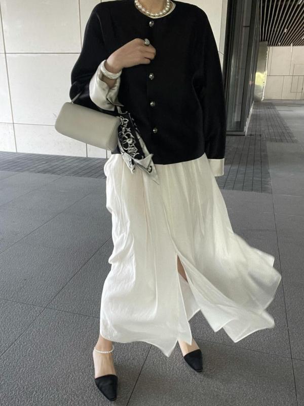 ロングスカート 女性用 春夏 白 ブラック ハイウエスト 半身スカート 仙女スカート ミディ丈 膝下丈 プリーツ加工 桑蚕? 綿混紡 切り替え スリット ゆったりシルエット ノーストレッチ 軽量 通勤用 普段使い 名媛風 カジュアルスタイル ｜MIRAIYUKI 8,888円