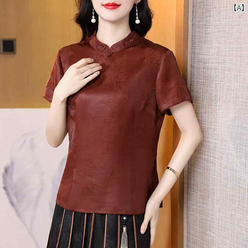 Tシャツ 女性用 夏 桑蚕? 接触冷感 香云? 刺繍 短袖 開襟 丸首 深紅 通勤 軽量 吸湿速乾 国風 花柄 復古 杭州真? 普通丈 切り替え 再生繊維 豪華感 カジュアル｜MIRAIYUKI