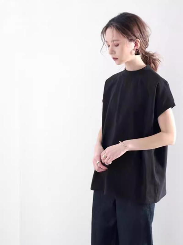 Tシャツ メンズ ゆったり 半高領 棉 短袖 トップス ブラック ホワイト 丸首 挿肩袖 秋 秋冬 快適 吸湿速乾 コットン ゆったりシルエット 日韓カジュアル 普段使い 軽量 伸縮性 シンプル ベーシック|MIRAIYUKI