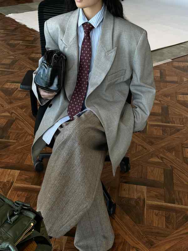 レディース 西装ジャケット 春夏 雑グレー 深茶色 ポリエステル 粘膠繊維 切り替え スノニール 中長丈 長袖 単排ボタン ワイドショルダー ラペルカラー ルーズフィット スリム効果 軽量 伸縮性 日常使い 通勤 通学 秋冬対応｜MIRAIYUKI