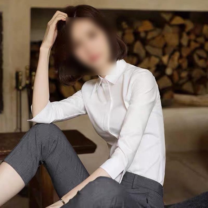 ブラウス レディース 七分袖 通勤 綿 トップス ポロカラー 白 グレー 仕事着 シャツ 女性用 軽量 吸湿速乾 シンプル コーディネート ビジネス カジュアル|MIRAIYUKI