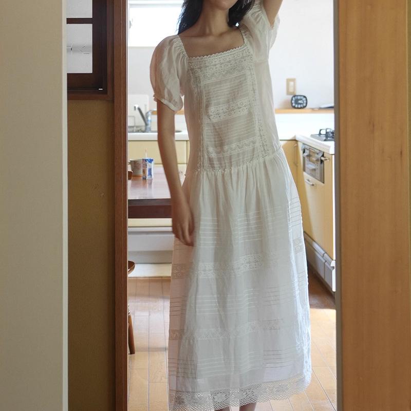 ワンピース 女性用 ?麻 コットン 混紡 接触冷感 長め Aライン ロングスカート 方領 泡泡袖 短袖 低腰 レース 切り替え 色 2025 夏 春夏 通勤 普段使い カジュアル 軽量 通気性 吸湿速乾 伸縮性 ブラック ホワイト カ|MIRAIYUKI