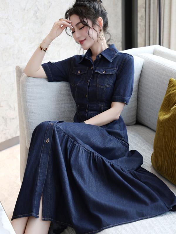 ワンピース 女性用 通勤 夏 デニム 綿 素材 短袖 Aライン 中長丈 ハイウエスト ポロカラー 単排ボタン 立体装飾 明線ステッチ 深青 エレガント かわいい 軽量 通勤用 普段使い 切り替え ビッグシルエット|MIRAIYUKI