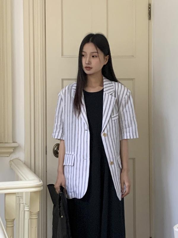 小西装 女性用 夏 麻 ストライプ 中長丈 短袖 ジャケット ワイドシルエット 西装領 ポケット付き 免燻 軽量 通勤 普段使い カジュアル 白 日韓スタイル|MIRAIYUKI
