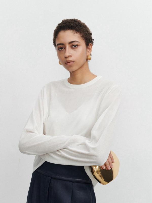 ニット Tシャツ レディース 長袖 透け感 防晒 針織 トップス 薄手 ルーズフィット セットアップ風 丸首 色 切り替え 薄荷緑 白 黒 通勤 柔らか アセテート繊維 コットン 夏 紫外線対策｜MIRAIYUKI