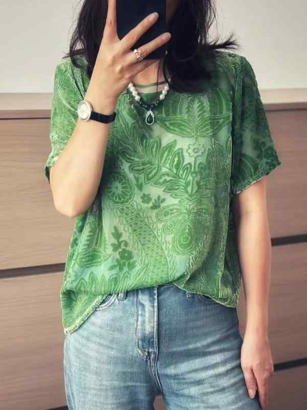 Tシャツ レディース 春夏 接触冷感 桑蚕 花柄 国風 ラウンドネック 短袖 切り替え 植毛加工 ゆったり フィット 薄手 トップス 透け感 杏色 ブラック グリーン シフォン 風 リラックス スタイル 日常使い 吸湿速乾 軽量 素材 |MIRAIYUKI
