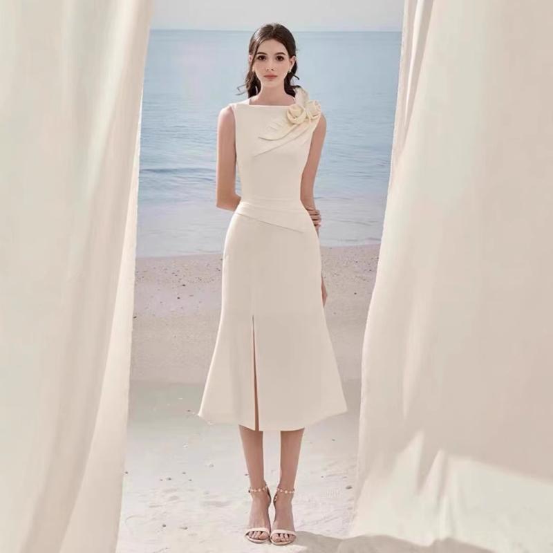 レディース ワンピース 長裙 立体花? 開叉 礼服 名媛 ?・覧 連衣裙 杏色 無袖 圓領 色 春季 ?? 聚??? 私服 名媛風|MIRAIYUKI