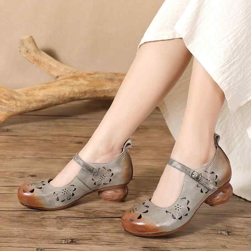 パンプス レディース 牛革製 丸頭 チャンキーヒール 3cm-5cm 穴あき 婦人靴 ローヒール フラットシューズ 春夏 秋冬 グレー 35-40サイズ｜MIRAIYUKI