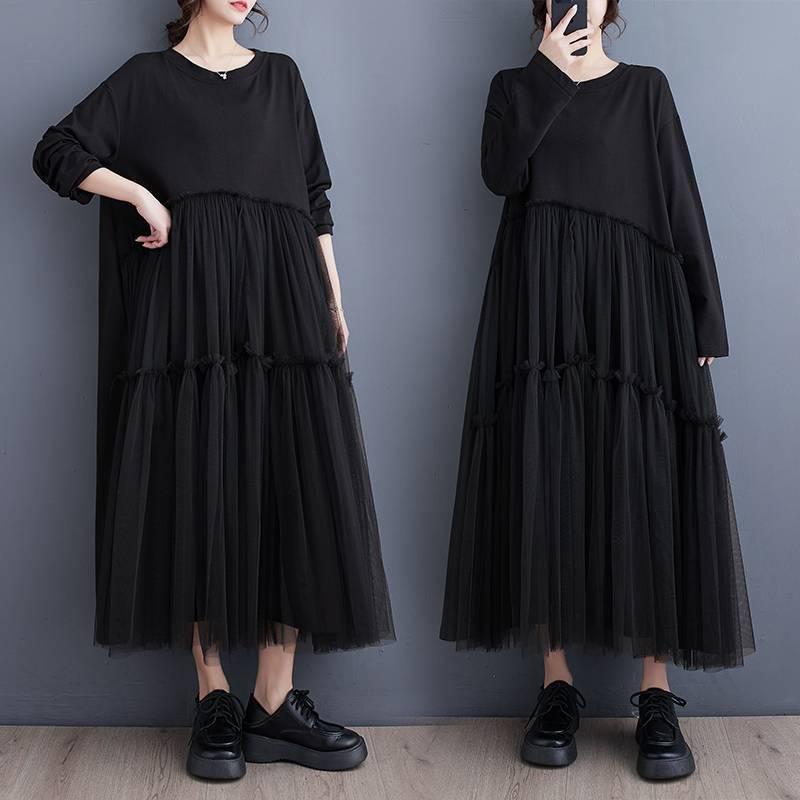 ワンピース レディース 黒 長袖 ロングスカート 網ヤーン 切り替え プリーツ フレア ラッフル ポリエステル ゆったり セットインスリーブ ラウンドネック ルーズフィット フレンチスタイル ボヘミアン 春秋 遮腹 スリムライン カジュアル 気高 |MIRAIYUKI