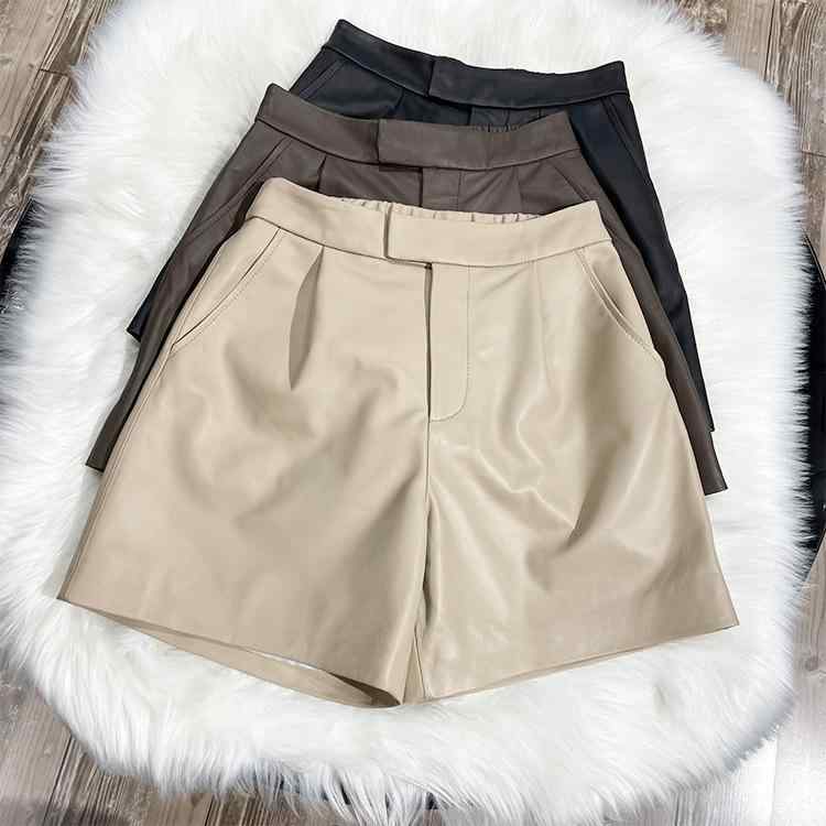 ワイドパンツ 真皮 シープスキン 高腰 膝上丈 黒 グレー 通勤 通勤風 都市風 風 優雅 優雅風 直筒 ミディアム厚 ミディアム弾力 皮革 皮革切り替え 基礎 百搭 顯・覧 斜めポケット ショートパンツ｜MIRAIYUKI