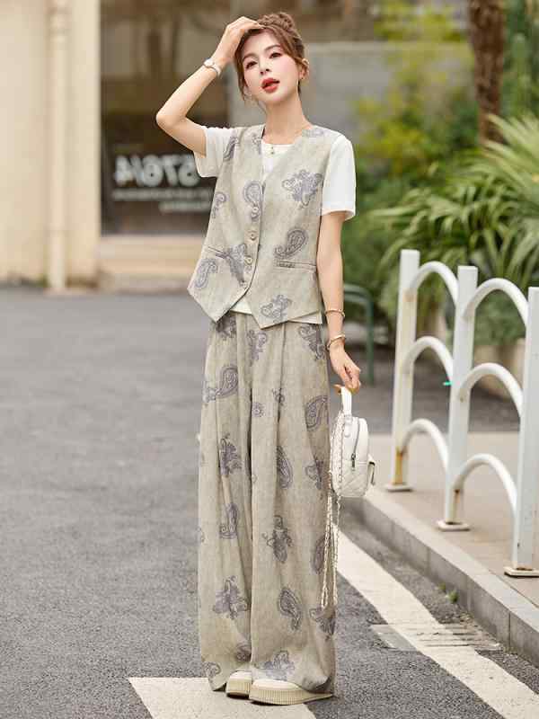 レディース トップス 馬甲 プリント Tシャツ 三分袖 ワイドパンツ セット 碎花 柄 撞色 印花 加工 ポリエステル 素材 通勤 スタイル 優雅 気品 女性 夏 春夏 季節 セットアップ コーディネート 長ズボン スタイル クラシック |MIRAIYUKI