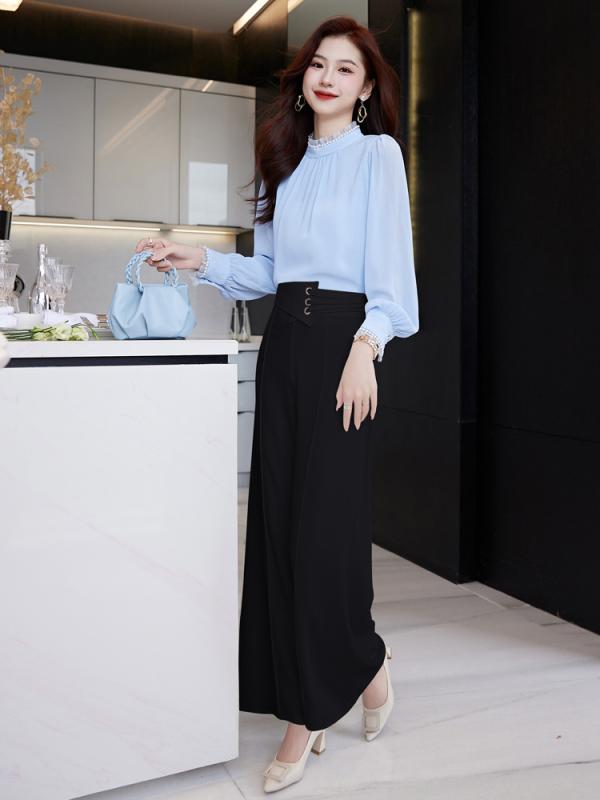 レディース セットアップ シャツ トップス 長袖 スタンドカラー ワイドパンツ ロングパンツ 春 ?? ポリエステル 素材 私服 名媛風 気品 スタイル 百搭 合わせやすい ?・覧 スリムライン 洋気 モダン 減齢 フレッシュ 色 ソリッド｜MIRAIYUKI