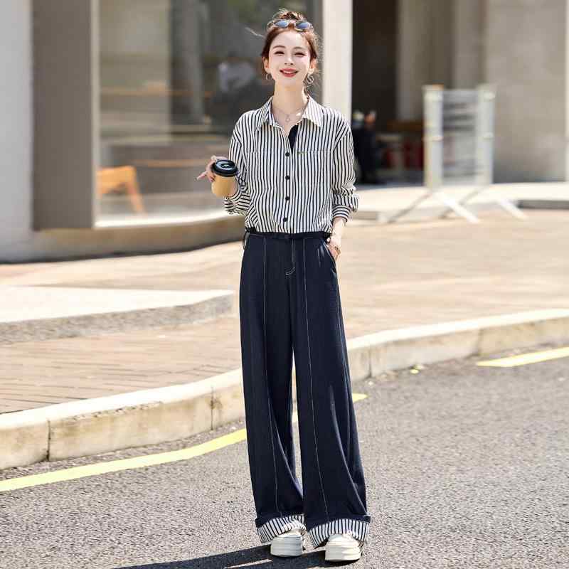 レディース セットアップ 通勤 春 条紋 シャツ コットン デニム ワイドパンツ 長袖 切り替え トップス ボトムス 綿 ポリエステル ブレンド 素材 スタイリッシュ コーデ 普段使い ビジネス カジュアル スタイル 女性 服 上下 組み|MIRAIYUKI