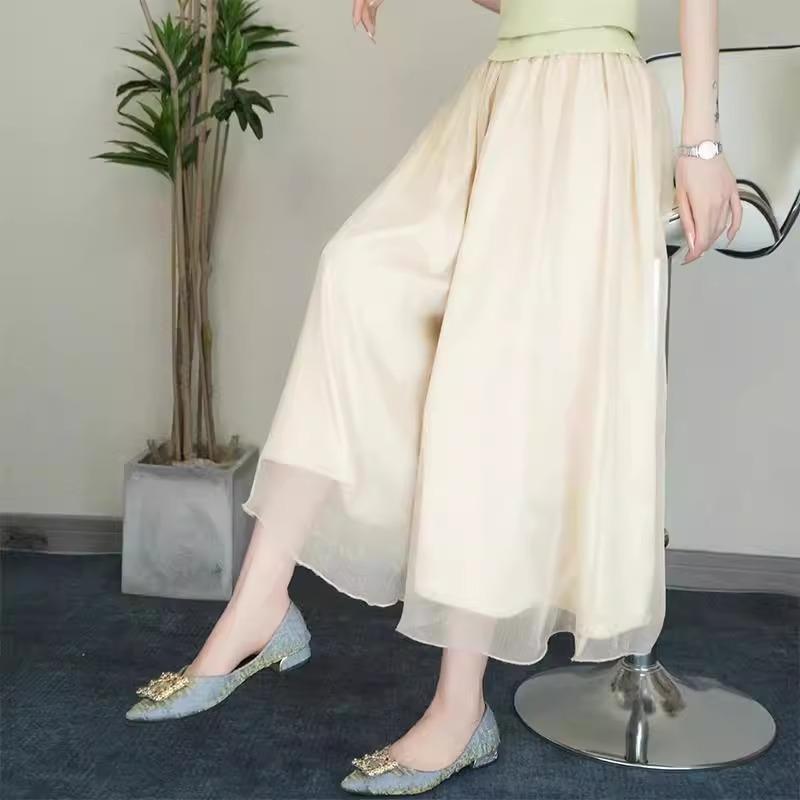 レディース スカートパンツ 七分丈 ワイドパンツ 薄手 春季 桑蚕? 混紡 アイス 接触冷感 高腰 直筒 立体 杏 白 黒 私服 御姐風 免? 処理 無弾性 クロップド ゆったり シルエット 軽やか 素材 日常 コーデ スタイル|MIRAIYUKI