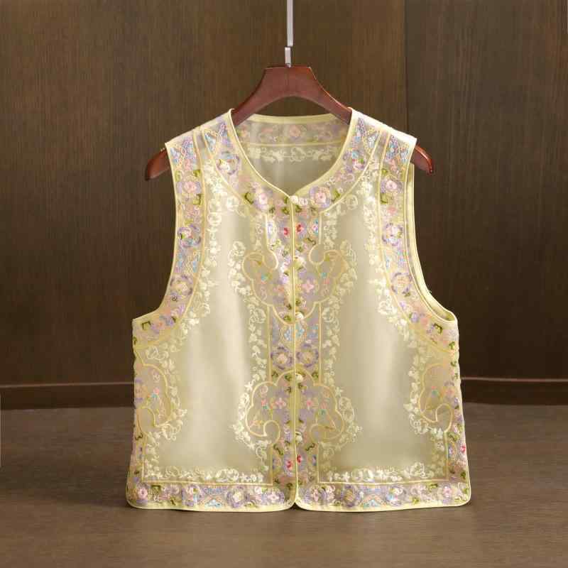 レディース 馬甲 刺繍 無袖 トップス 薄手 改良 チャイナ風 開衫 真絲 花柄 ボタン 黄色 水色 夏 軽量 百搭 レイヤード トップス 復古 単排ボタン 70% 真絲 女性用 普通丈 丸首 植物柄 夏用 ライトウェイト レイヤリング 可能 トップス|MIRAIYUKI
