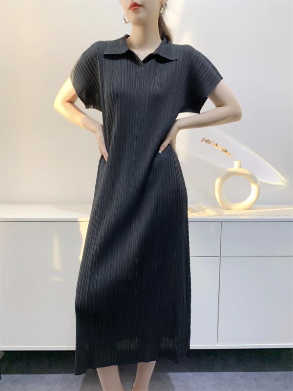 ワンピース レディース 夏 短袖 シャツカラー 百褶 中長 開き 切り替え ?? ポリエステル 色 プレス加工 ゆったり スリム 通勤 快適 軽量 浅藍 黒 豆緑 粉 浅緑｜MIRAIYUKI