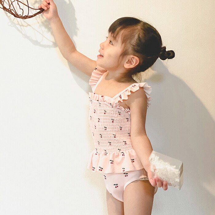 さくらんぼフリル水着子供用キッズフリルピンクチェリースイムウェアプールビーチ海レジャーアウトドア川遊び可愛いかわいいガーリー女の子女児子ども用ベビー用ファッション