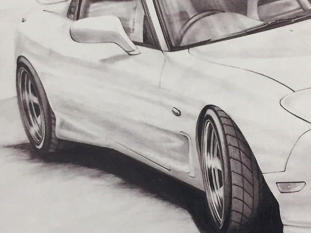 マツダ Fd ノスタルジックカー 作者直筆サイン入り イラスト 230ｍｍx318ｍｍ サイズ 絵画 鉛筆画 絵 額付き サバンナrx 7前期 名車 デッサン 旧車