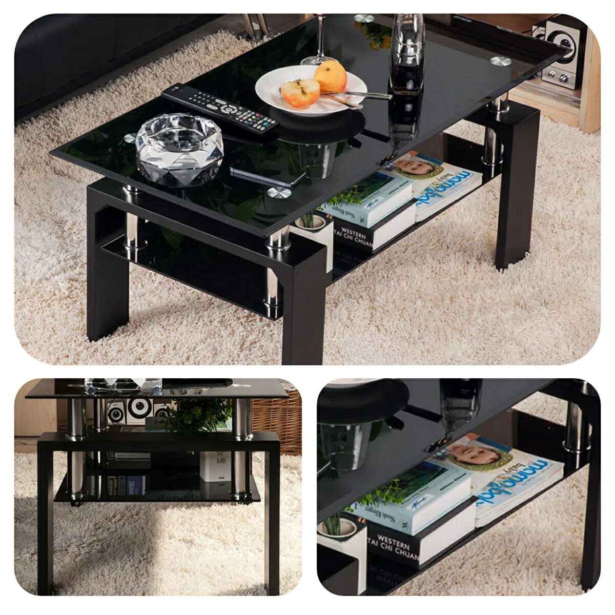 【マラソン先行！10％OFF】ガラステーブル コーヒーテーブル 幅88cm 強化ガラス天板 収納付き 二段収納 おしゃれ リビング用テーブル 棚付き 一人暮らしに最適 大容量収納 センターテーブル 木製脚