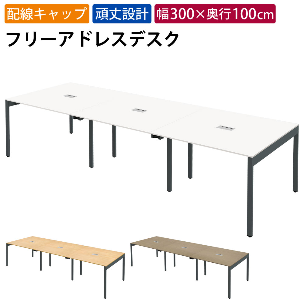 家具のAKIRA フリーアドレスデスク オフィステーブル 配線キャップ付き 6人用 幅3000×奥行1000×高さ720mm ホワイト フリーアドレス デスク オフィスデスク パソコンデスク ワークデスク おしゃれ 北欧 スリムデスク スリムテーブル FASA10-3010-WH