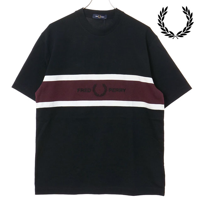【4/20限定 最大P28倍】フレッドペリー FRED PERRY メンズ エンブロイダードパネルTシャツ [M2405-102 SS26] EMBROIDERED PANEL T-SHIRT トップス 半袖 クルーネック ブラック BLACK 【メール便可】 正規取扱店