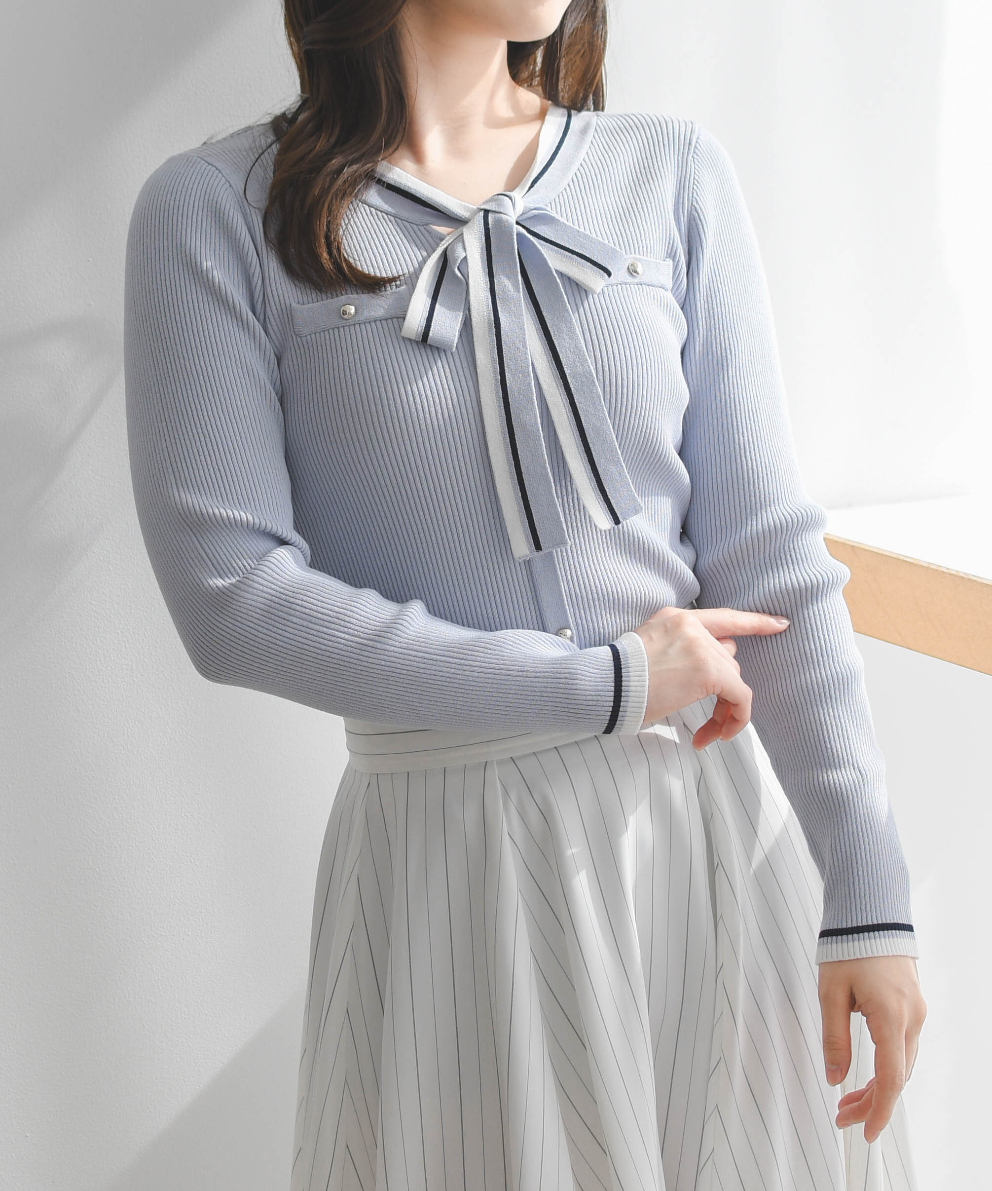 【30%OFF】【2026春夏アイテム】マルチ配色ボウタイリブニット/MM618305 ミッシュマッシュ リボン ニット 長袖 トップス おしゃれ