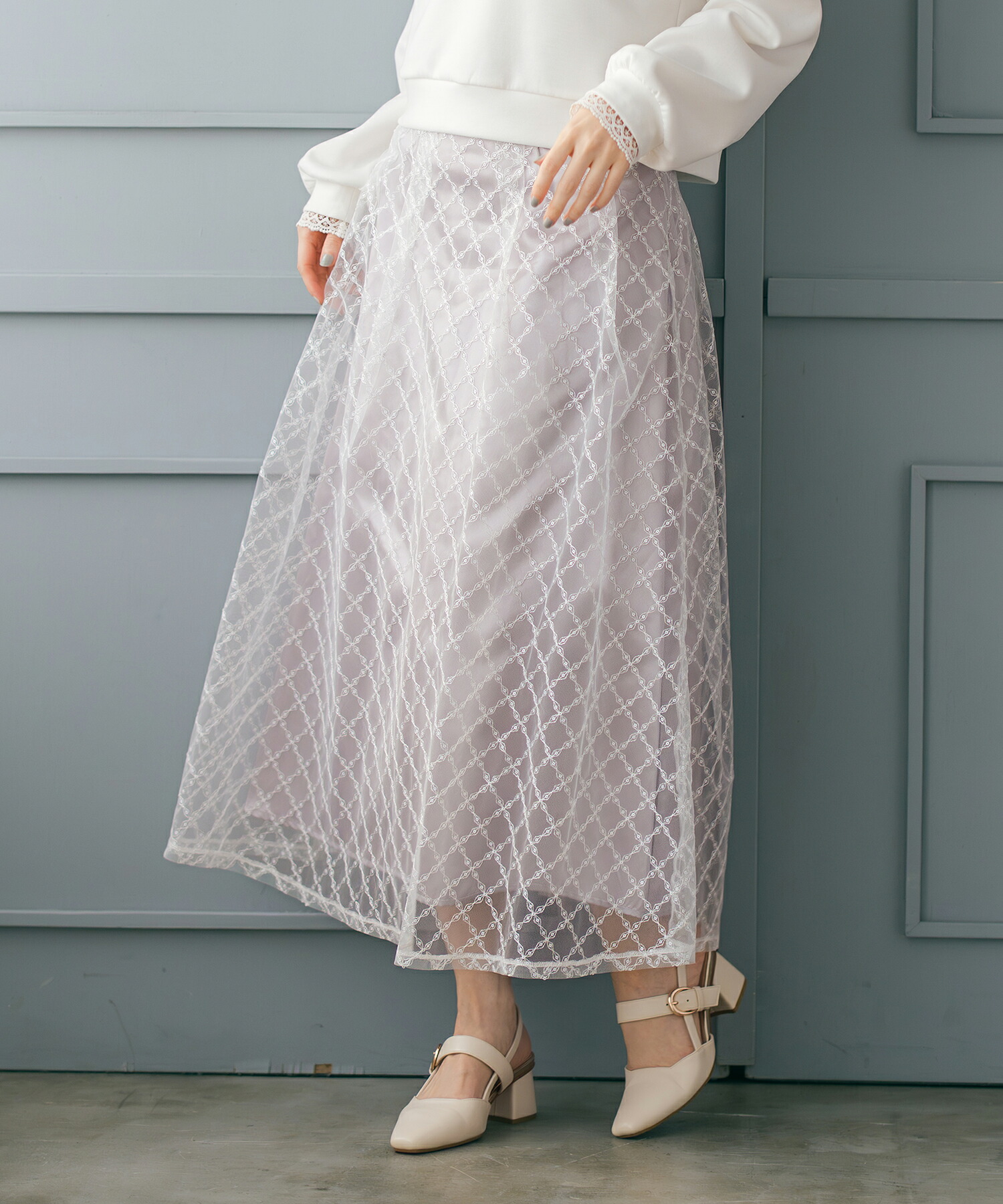 【ポイント5倍】【10%OFF】【2026春夏アイテム】スパンコール刺繍スカート/MM617213 ミッシュマッシュ ロング丈 ロングスカート フレア 繊細 エレガント