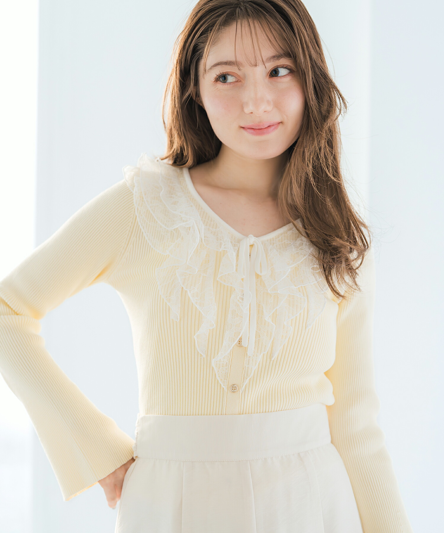 【20%OFF】【2026春夏アイテム】レースラッフル配色リボンニット/MM618307 ミッシュマッシュ トップス 透け感 レース 長袖 トップス