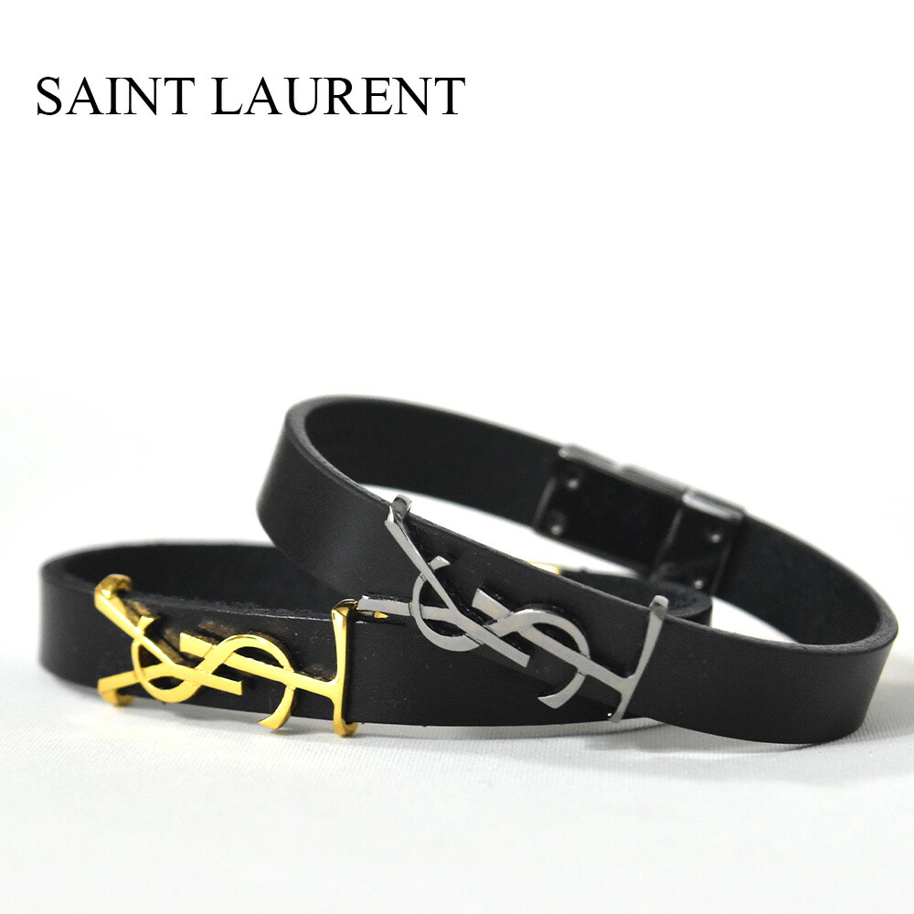 【Saint Laurent】ブレスレット 女性 皮革 黒/シルバー SAINT LAURENT PARIS サンローランパリ ロゴ ブレスレット 2連