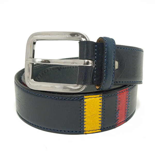 安い購入 サイズ95 Daosman イタリア製 本革 レザー バックル ベルト ネイビー イエロー レッド メンズ 001 Bl Yl Rd 新規購入 Eyp Rs