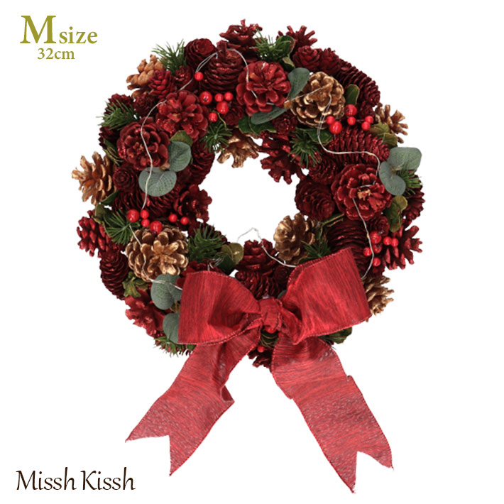 クリスマスリース 32cm Led リボンレッドゴールドまつぼっくり Mサイズ Ribbon Red Gold Pine Deerfieldtwpportage Com