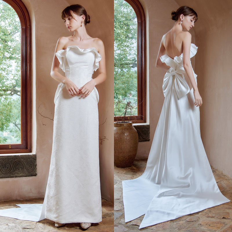 ウェディングドレス ロングスリーブ 花嫁 ブライダル ロングドレス 二次会 wedding dress フォトウェディング ノースリーブ ウエディングドレス バックリボン スレンダードレス ノースリーブ 披露宴 前撮り 後撮り 演奏会 小さいサイズ 大きいサイズ 海外挙式