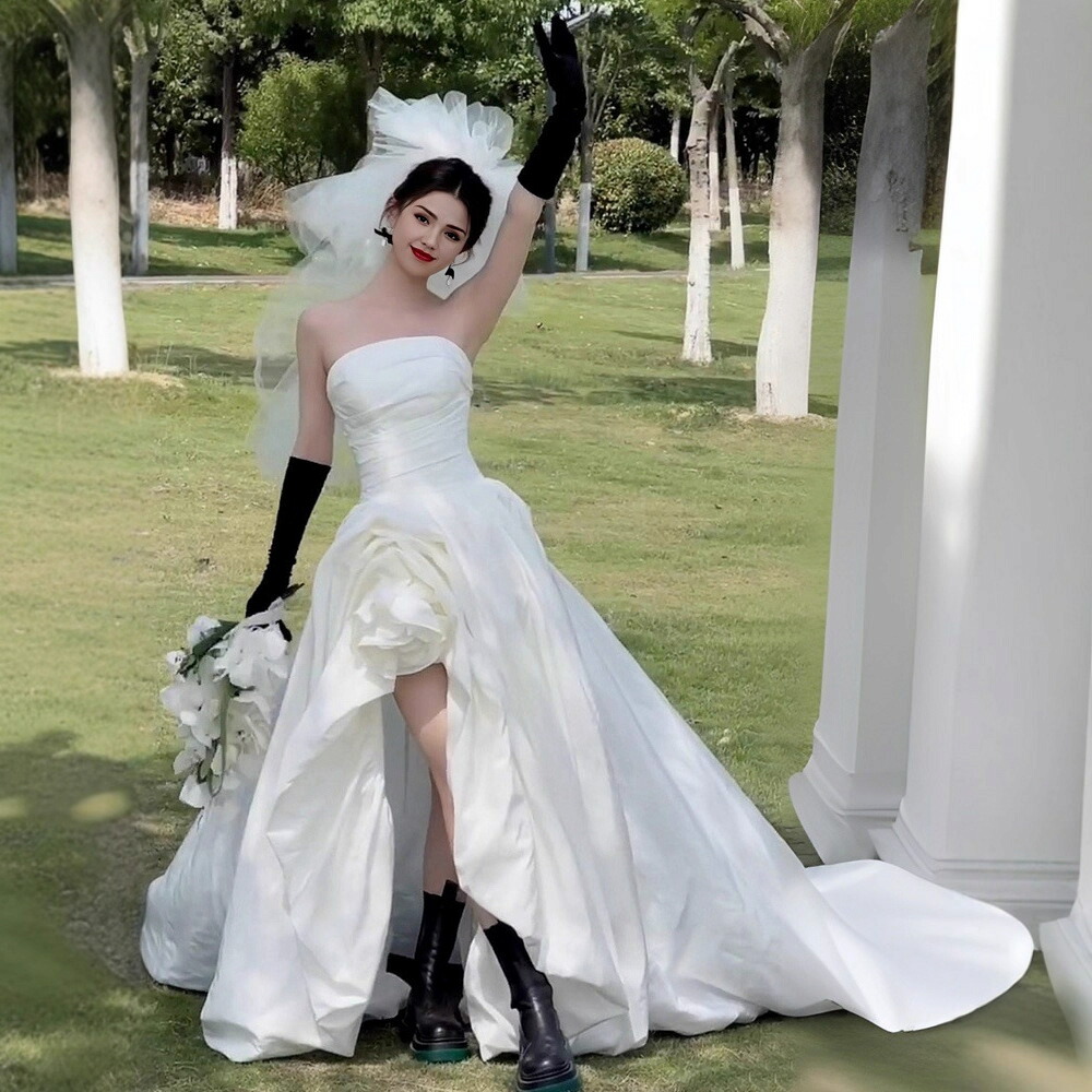 ウェディングドレス 花嫁 フォトウェディング 二次会 wedding dress 前撮り 海外挙式 イベント用ウエディング 後撮り ブライダル写真に最適 ウエディングドレス ブライダル 前短後長ドレス 結婚式 小さい 大きい 披露宴オーダーメイド|MISS-R