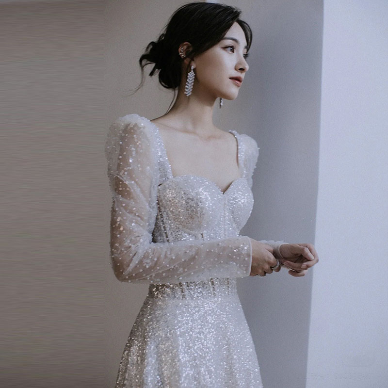 ウェディングドレス 長袖 花嫁 二次会 結婚式 ブライダル ロングドレス 挙式 ウエディングドレス 前撮り キラキラ パーティードレス スレンダードレス 海外挙式 フォトウェディング スパンコール オフホワイト 披露宴 演奏会 小さいサイズ 大きいサイズ オーダーメイド