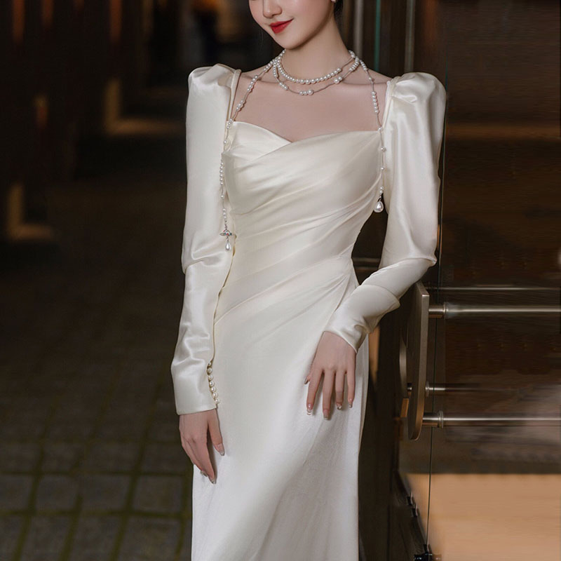 ウェディングドレス ウエディングドレス 長袖 二次会 結婚式 前撮り ブライダル ロングドレス 花嫁 スレンダードレス マーメイドドレス 海外挙式 フォトウェディング キャミソール サテン シンプル エレガント wedding dress 教会ウェディング 教会式 ファスナー｜MISS-R