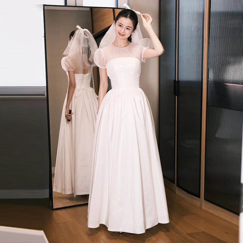 ウエディングドレス 半袖 結婚式 ロングドレス 大きい 花嫁 海外挙式 前撮り お呼ばれ ドレス 透視チュール ブライダル パーティードレス 二次会 イブニングドレス 2.5次会 スレンダードレス フォーマルドレス バースデードレス 教会ウェディング 文化祭 小さい セミオーダー｜MISS-R