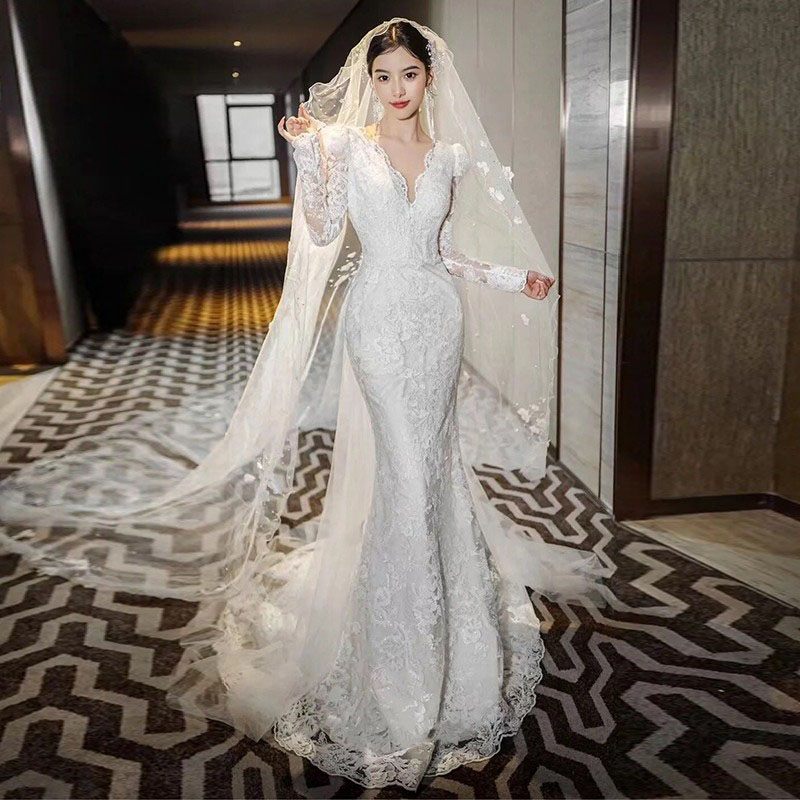 ウエディングドレス 長袖 マーメイドドレス 秋冬 結婚式 ロングドレス 総レース 大きい 花嫁 海外挙式 前撮り お呼ばれ ドレス ブライダル パーティードレス 二次会 イブニングドレス 2.5次会 スレンダードレス トレイン付き フォーマルドレス 小さいサイズ セミオーダー｜MISS-R