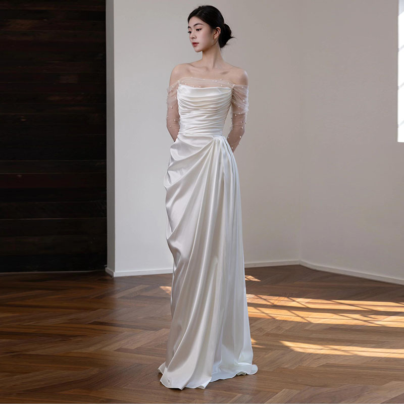 ウエディングドレス 長袖 パール 秋冬 ロングドレス 結婚式 大きい 花嫁 海外挙式 前撮り お呼ばれ ドレス ブライダル パーティードレス 二次会 イブニングドレス 2.5次会 スレンダードレス フォーマルドレス プリーツスカート リボン ブーケドレス セミオーダー|MISS-R