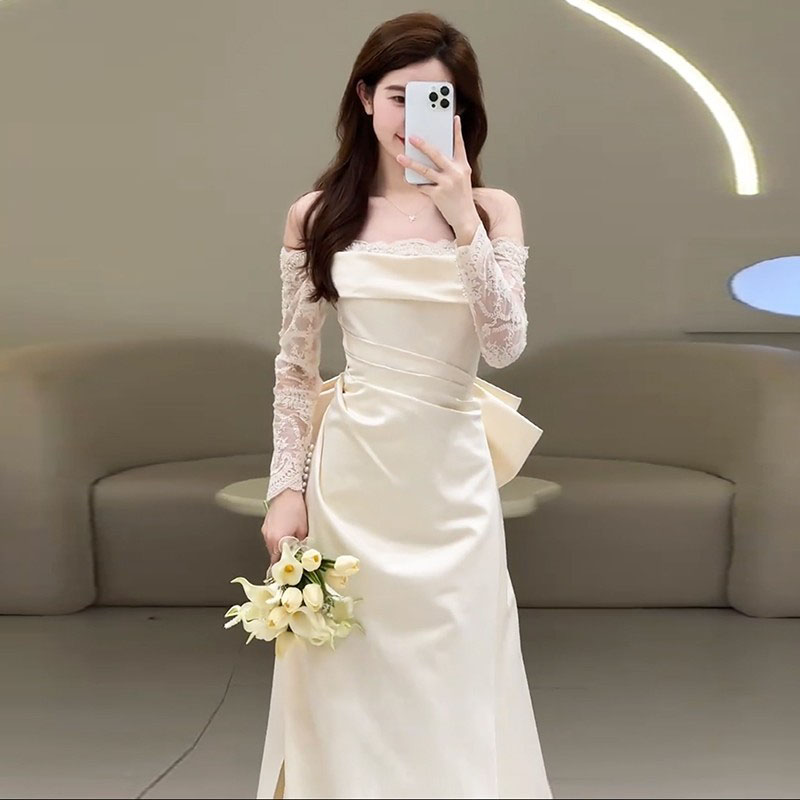 ウェディングドレス ウエディングドレス 二次会 結婚式 前撮り ブライダル ロングドレス 花嫁 スレンダードレス バックリボン 長袖 海外挙式 フォトウェディング キャミソール wedding dress