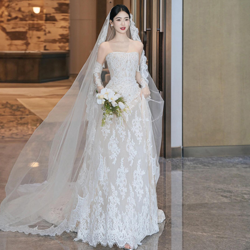 ウエディングドレス 花嫁 ブライダル ロングドレス 二次会 結婚式 前撮り スレンダードレス 海外挙式 シャンパシャンパンカラーの裏地 総レース フォトウェディング オフホワイト フォーマルドレス ノースリーブ イブニングドレス 挙式 写真 イベント用ウエディング