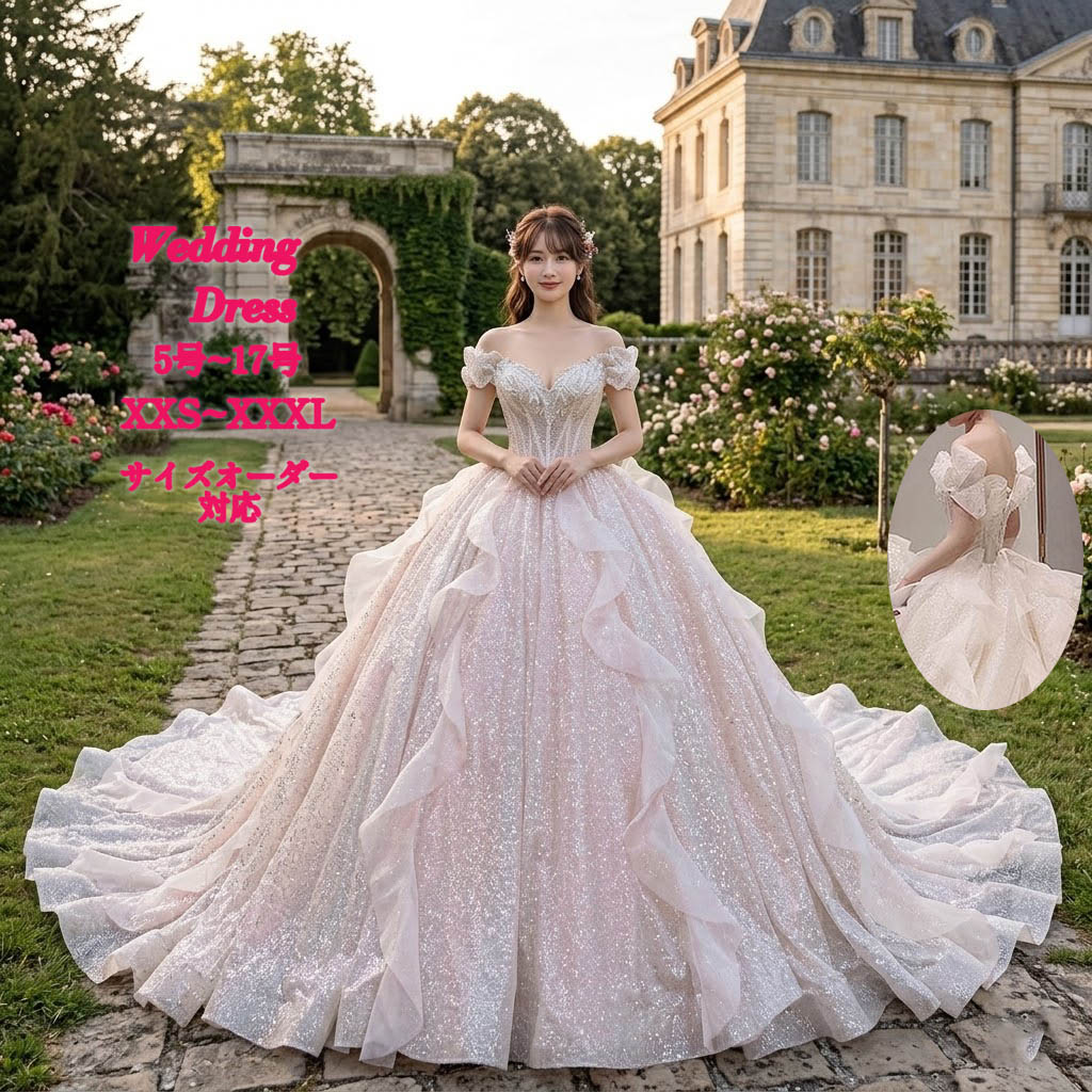 ウェディングドレス プリンセスライン チュール ウエディングドレス ロングドレス オフショルダー 半袖 ロングトレーン 編み上げ シャンパン ホワイト ゴージャス 華やか オーダーメイド 海外挙式 花嫁 レディース 上品 結婚式 披露宴 前撮り 大聖堂 ホテルウエディング