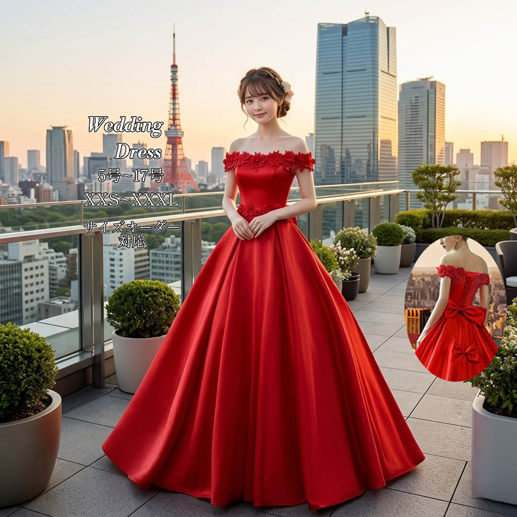 ウェディングドレス Aライン サテン ウエディングドレス ロングドレス オフショルダー 半袖 ロングトレーン 編み上げ レッド カラードレス ゴージャス 華やか オーダーメイド 海外挙式 花嫁 レディース 上品 大人可愛い 結婚式 披露宴 前撮り 大聖堂 ホテルウエディング｜MISS-R