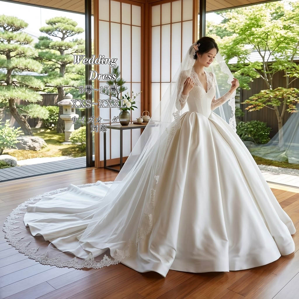 ウェディングドレス プリンセスライン サテン ウエディングドレス ロングドレス Vネック 長袖 ロングトレーン 編み上げ ホワイト 白 ゴージャス 華やか オーダーメイド 海外挙式 花嫁 レディース 上品 大人可愛い 撮影 結婚式 披露宴 前撮り 大聖堂 ホテルウエディング