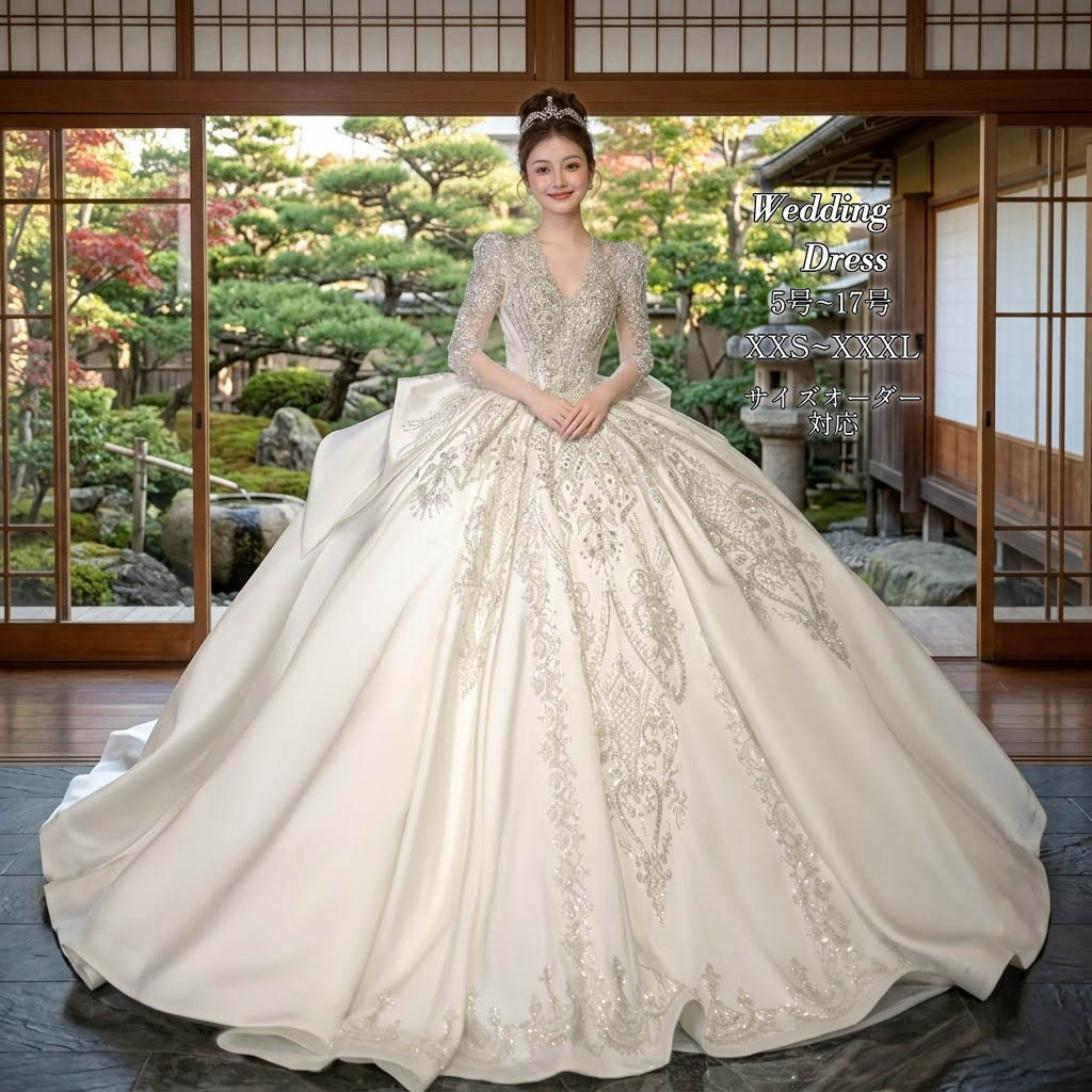 ウェディングドレス プリンセスライン サテン ウエディングドレス ロングドレス Vネック 長袖 ロングトレーン 編み上げ ホワイト 白 ゴージャス 華やか オーダーメイド 海外挙式 花嫁 レディース 上品 大人可愛い 撮影 結婚式 披露宴 前撮り 大聖堂 発表会