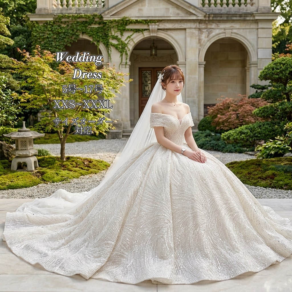 ウェディングドレス プリンセスライン チュール ウエディングドレス ロングドレス オフショルダー ロングトレーン 編み上げ ホワイト 白 ゴージャス 華やか オーダーメイド 海外挙式 花嫁 レディース 上品 大人可愛い 撮影 結婚式 披露宴 前撮り 大聖堂｜MISS-R