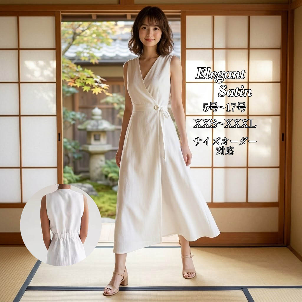 ウェディングドレス ホワイト 結婚式 二次会 Vネック ノースリーブ ウエスト細見え シンプル ミディドレス サイズオーダー フォトウェディング おしゃれ 花嫁 レディース 大きいサイズ 前撮り スタイルアップ モダン カジュアル
