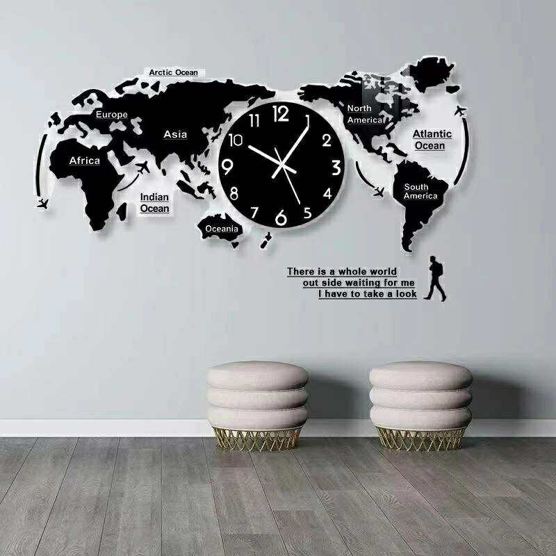 世界地図壁時計 壁掛け時計 北欧世界時計 世界地図 夜光時計 ナチュラル プレゼント キッズルーム 寝室 リビング壁飾り 店舗 会社用 時計