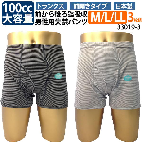 男性用失禁パンツ 尿漏れパンツ 新品入荷 吸水量100cc M L LL ３枚組 前開き 敬老の日プレゼント贈り物 尿漏れ 失禁 RCP 33019 重 失禁 smtb-k トランクス ボクサー型 ボーダー w1