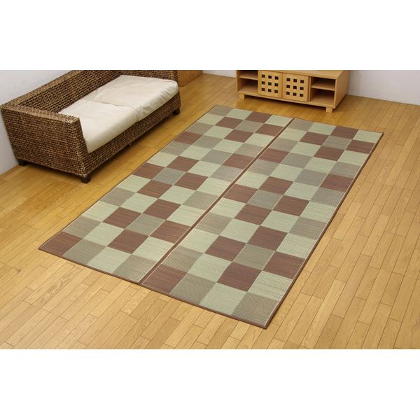 日本製 い草 花ござ/ラグマット ブロック柄 ブラウン 江戸間3畳 174×261cm 裏：ウレタン 防傷 抗菌 防臭 調湿 〔リビング〕代引NG カーペット・マット・畳 マット